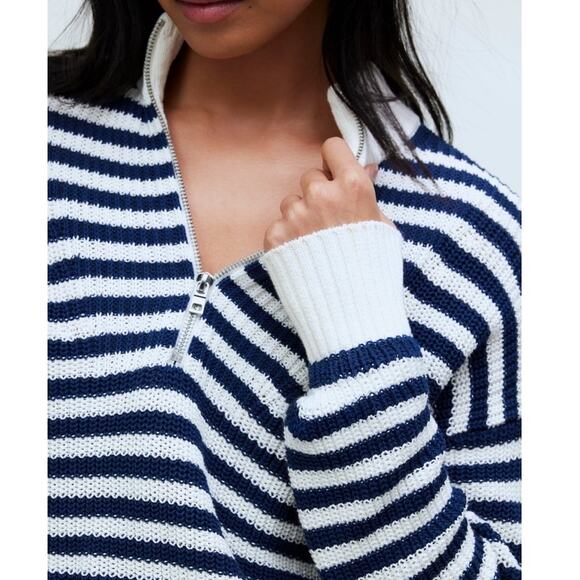 NWT Madewell Ribbed Half-Zip Sweater in Navy Stripe Size L‎ - Picture 3 of 14